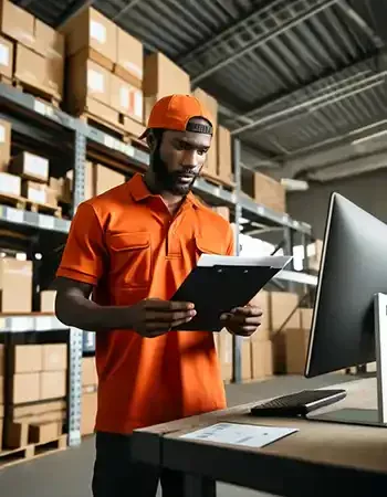 A Black man wearing an orange delivery uniform and a cap is working inside a warehouse. He is checking a paper in his hand, standing beside a desk wit