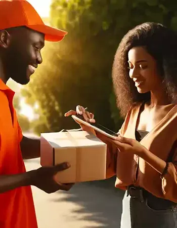 A Black delivery man in an orange shirt is handing over a small brown package to a Black woman. The scene is outdoors, featuring a warm sunny setting